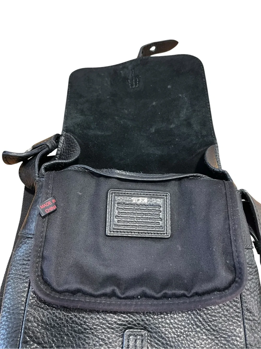 TUMI Black Pebbled Leather Flap Crossbody Bag Adjustable Strap 8x9